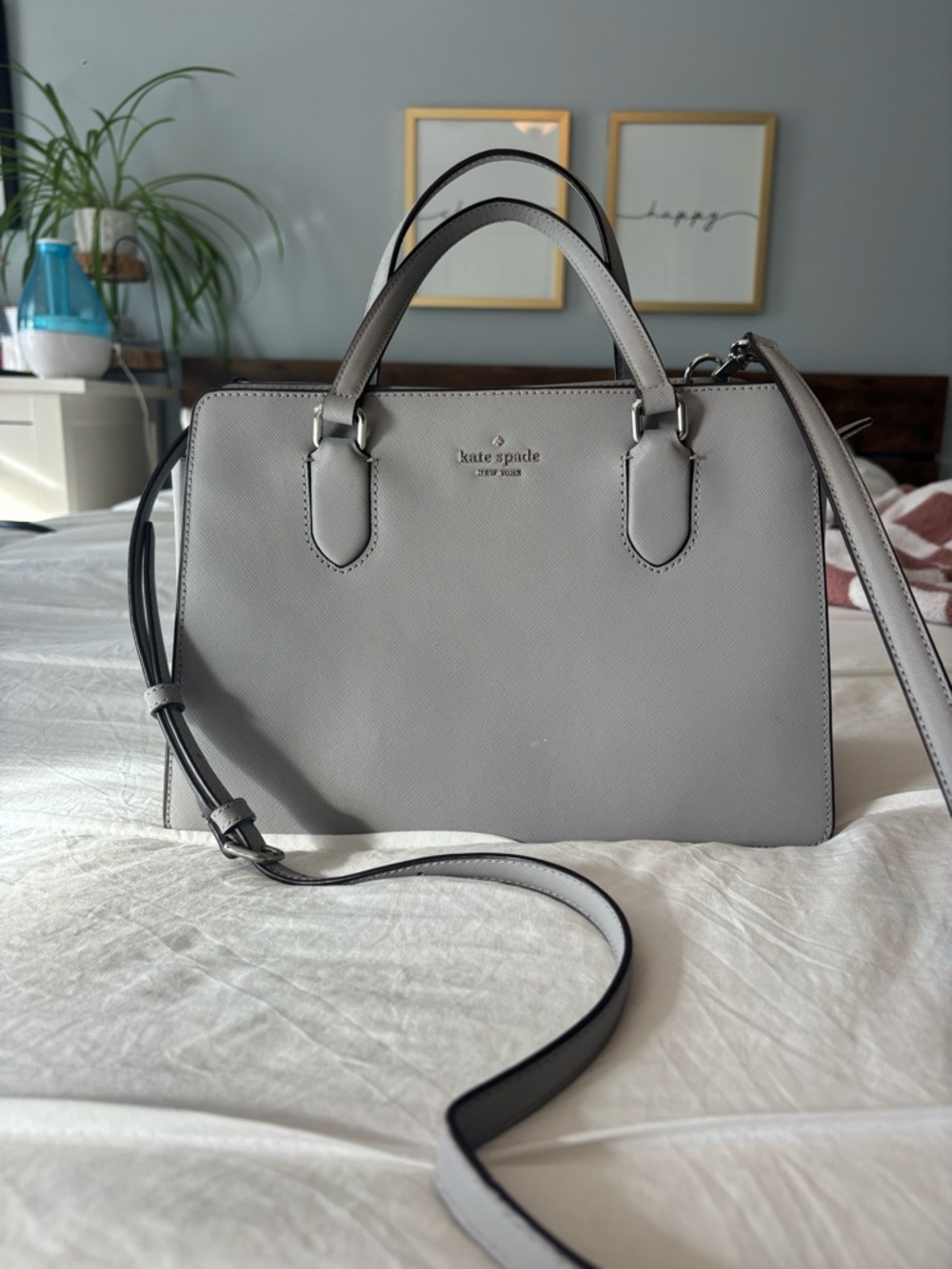 kate spade Gray Saffiano Leather large Satchel with Crossbody Strap